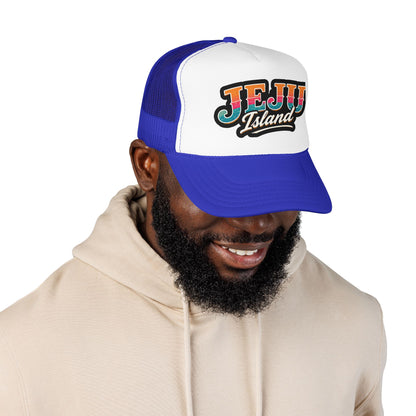 Foam trucker cap in blue and white with 'JEJU Island' logo worn by a man