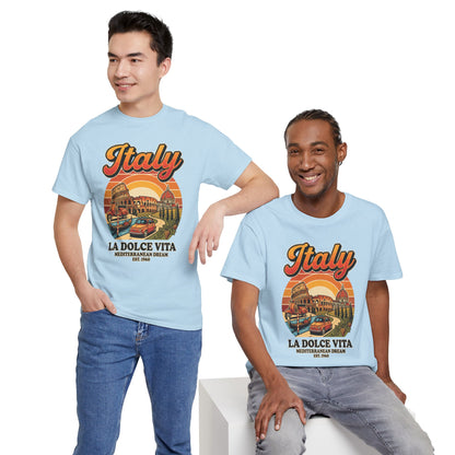 Light blue T-shirt with front Italy and La Dolce Vita graphic, crew neck, short sleeves