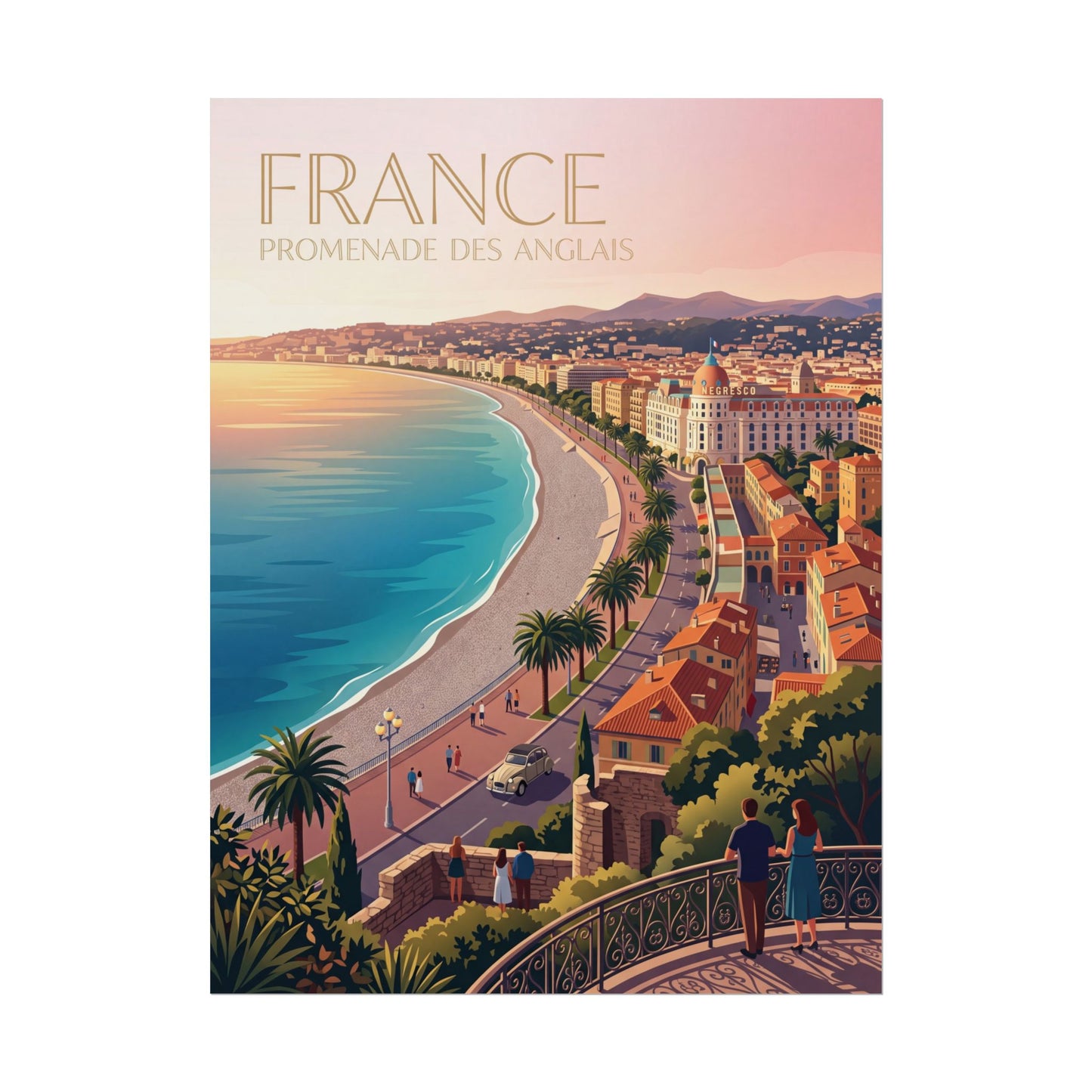 Rolled France coastal promenade poster with sea, sandy beach, and promenade