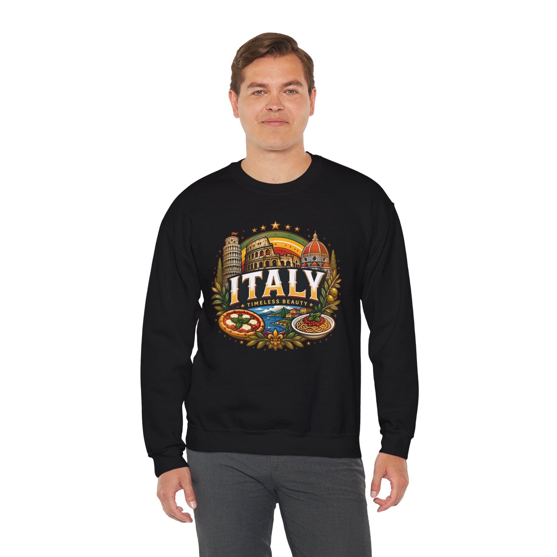 Black crewneck sweatshirt with colorful “Italy” graphic on the front