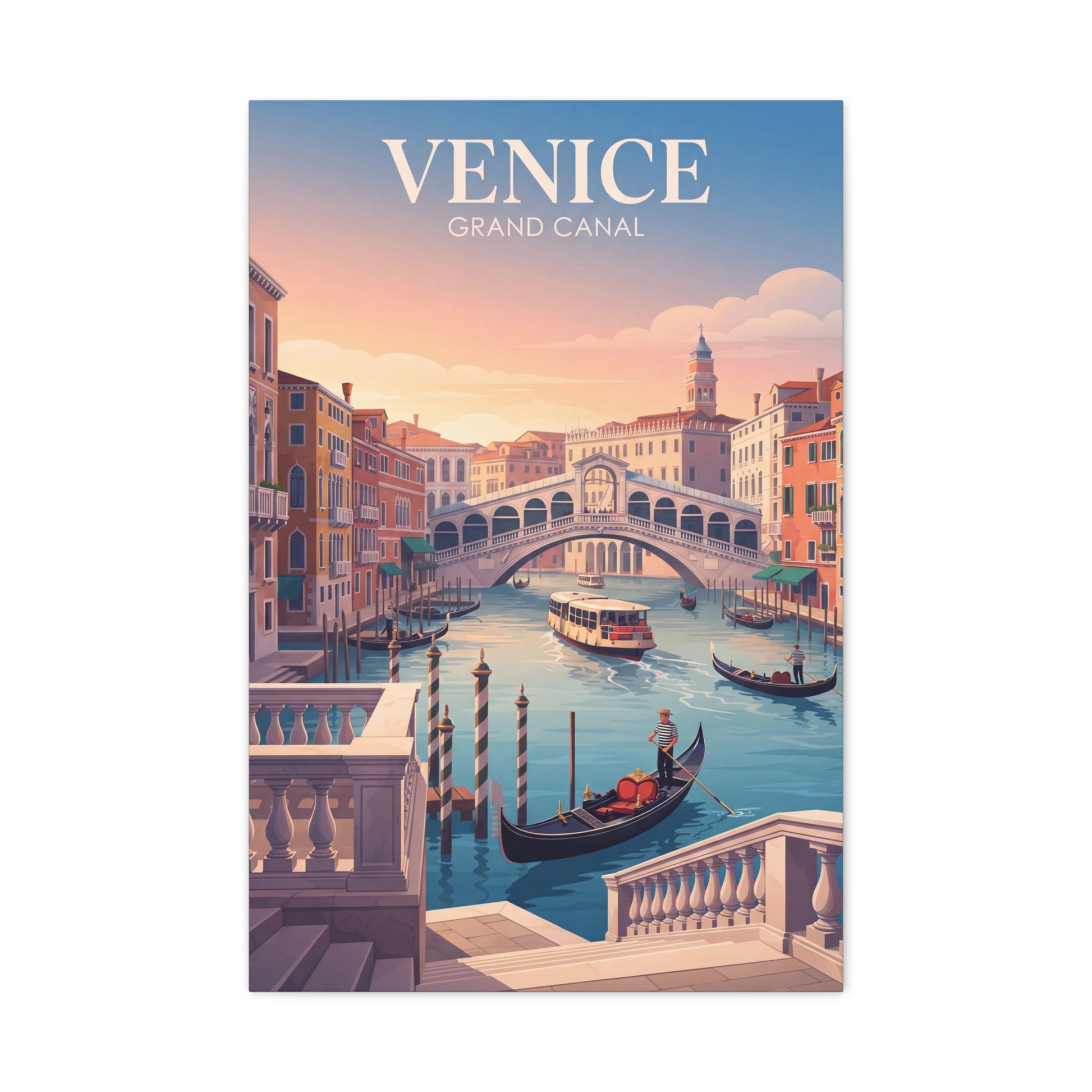 Venice canal matte canvas print with gondolas and arched canal bridge