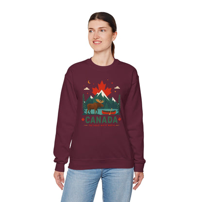 Maroon Canada moose and canoe sweatshirt with colorful mountain graphic and "Canada" text