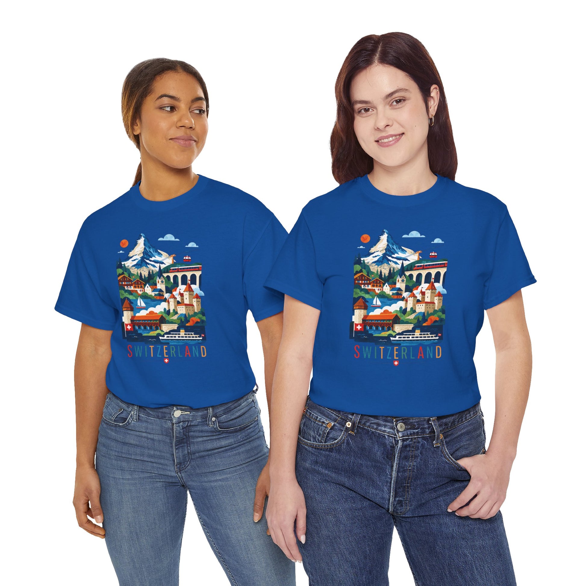 Royal blue crew-neck T-shirt with colorful Switzerland village graphic on front