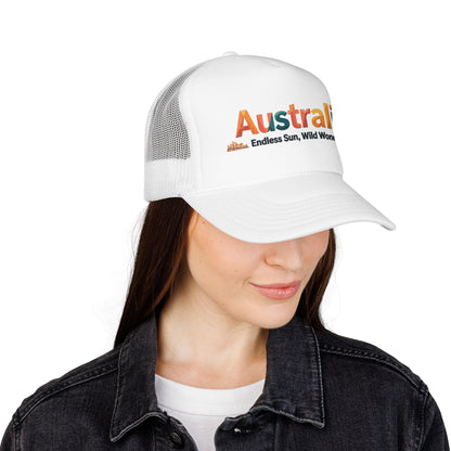 White vintage trucker cap with mesh sides and 'Australia' logo on front