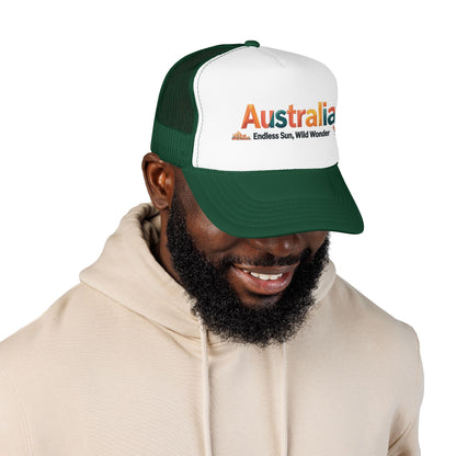 Australia vintage travel trucker cap on model, white front with dark green mesh and brim