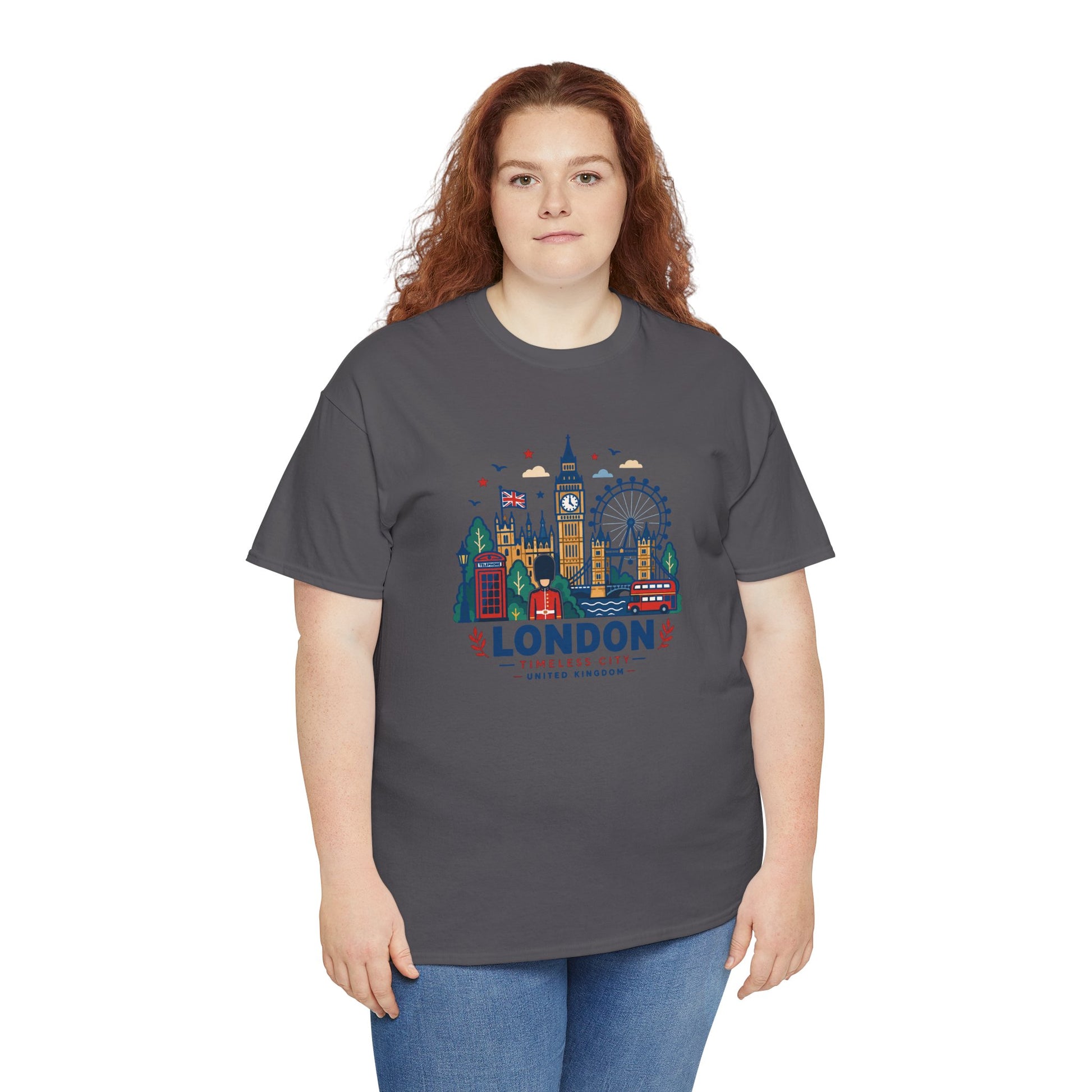 Charcoal gray t-shirt with colorful London skyline and Big Ben graphic on chest