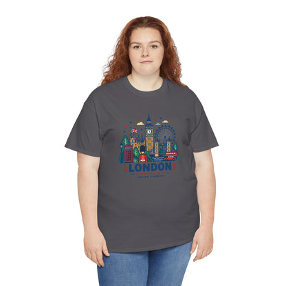Charcoal gray t-shirt with colorful London skyline and Big Ben graphic on chest