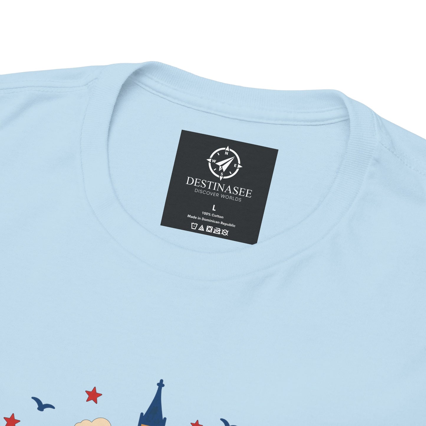 Light blue T-shirt with London skyline chest graphic, crew neck.
