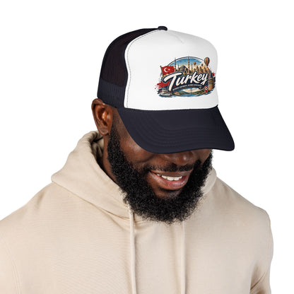 Black and white trucker cap with mesh panels, curved brim, and centered Turkey emblem