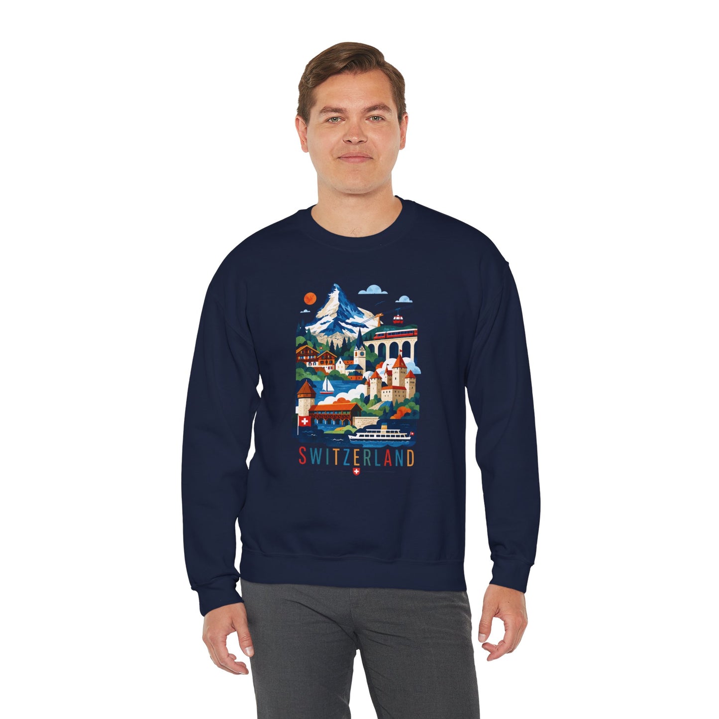 Navy crewneck sweatshirt with colorful Switzerland alpine village graphic front