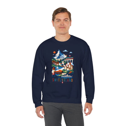 Navy crewneck sweatshirt with colorful Switzerland alpine village graphic front