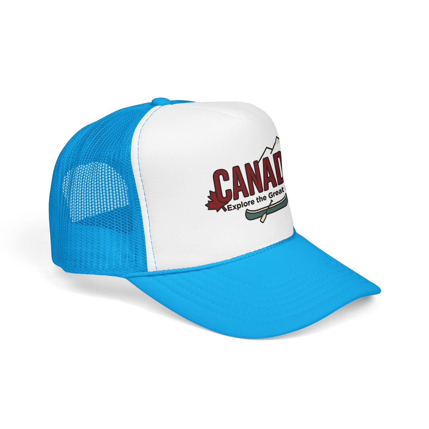 Blue and white foam trucker hat with mesh back and CANADA logo patch front
