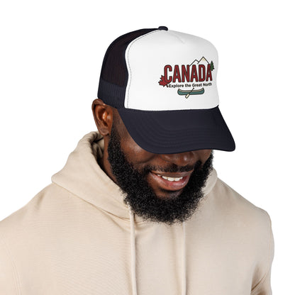 White front foam trucker hat with black mesh back and CANADA logo patch
