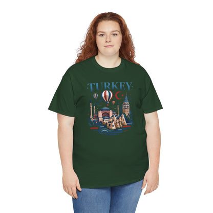 Dark green T-shirt with Turkey skyline graphic, hot air balloons and crescent moon