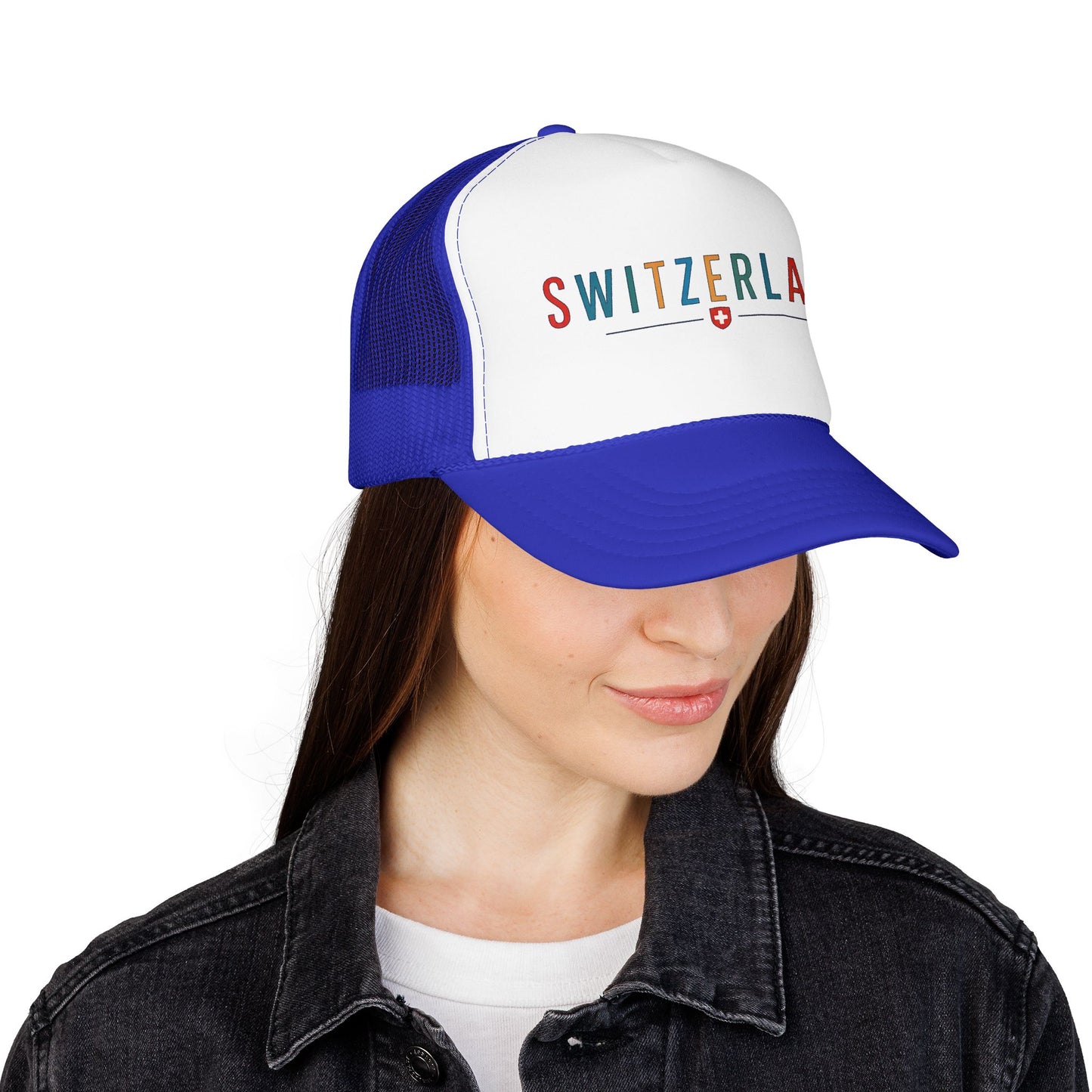 Two-tone trucker cap with blue mesh sides and white front, curved brim, SWITZERLAND