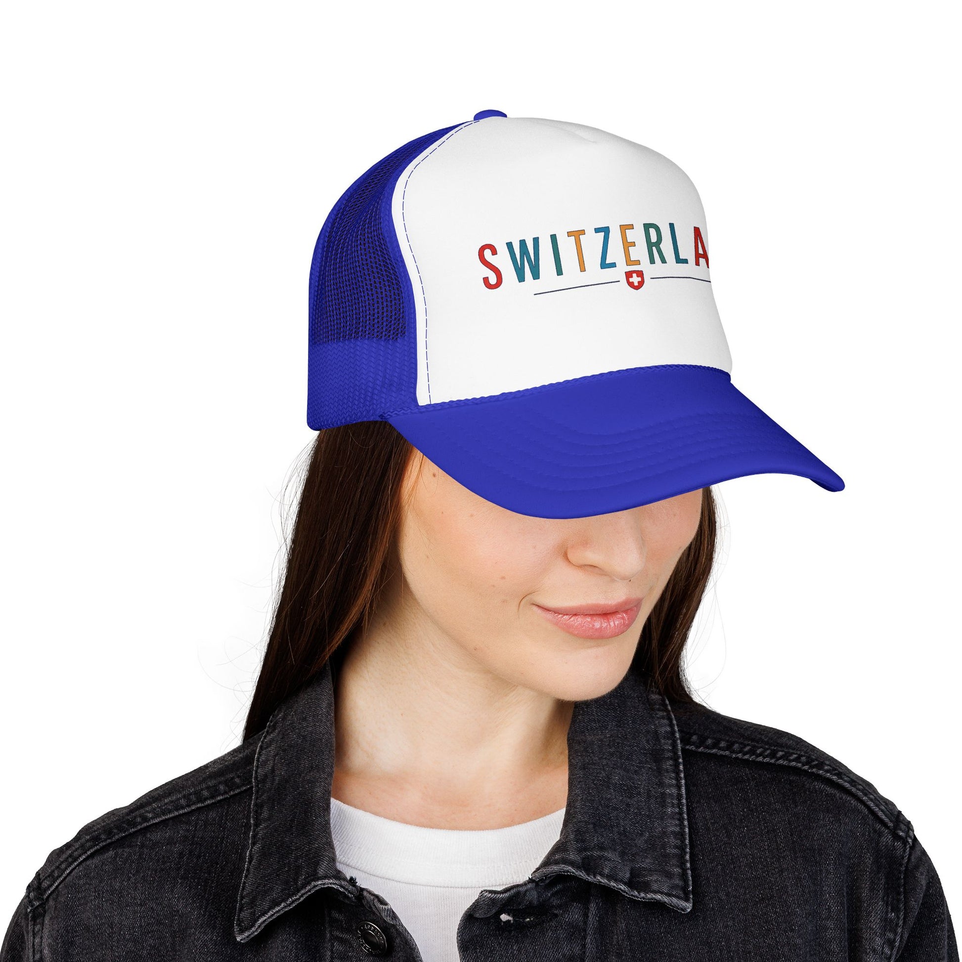 Two-tone trucker cap with blue mesh sides and white front, curved brim, SWITZERLAND