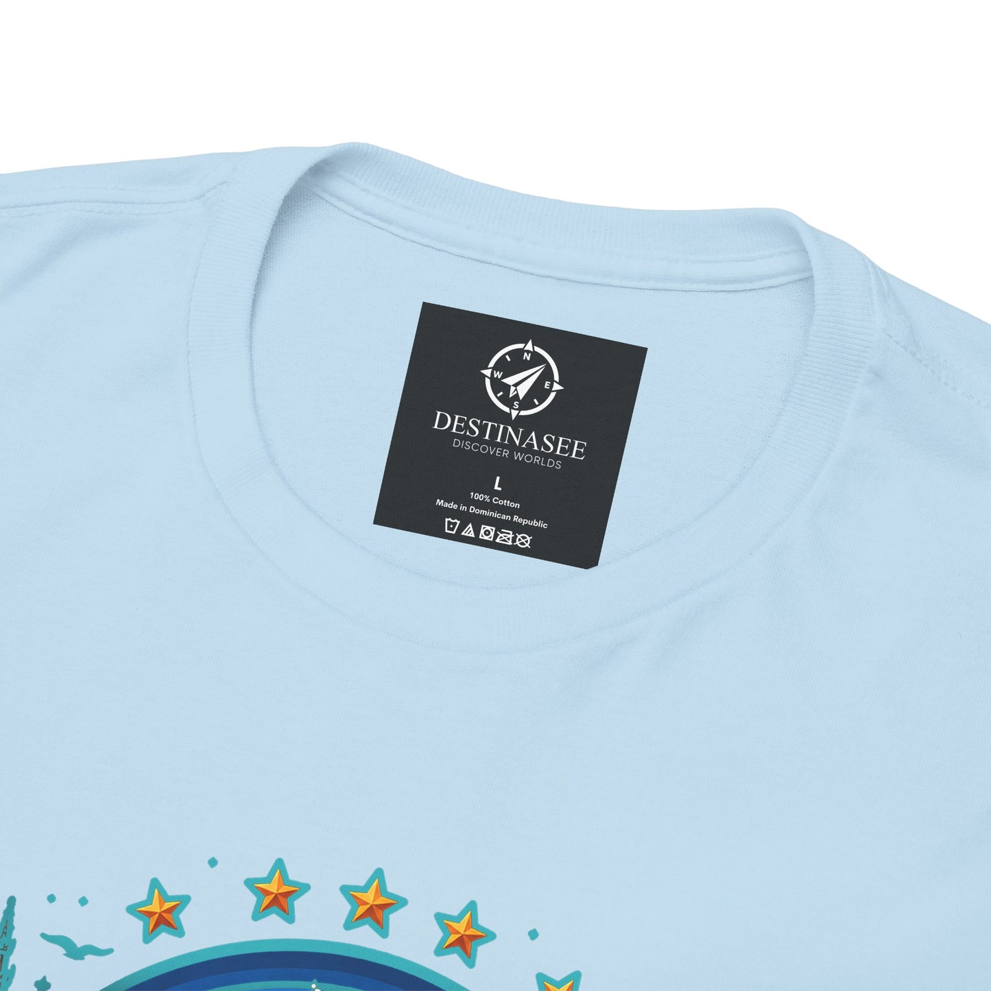 Light blue crewneck T-shirt with square logo print at the neckline