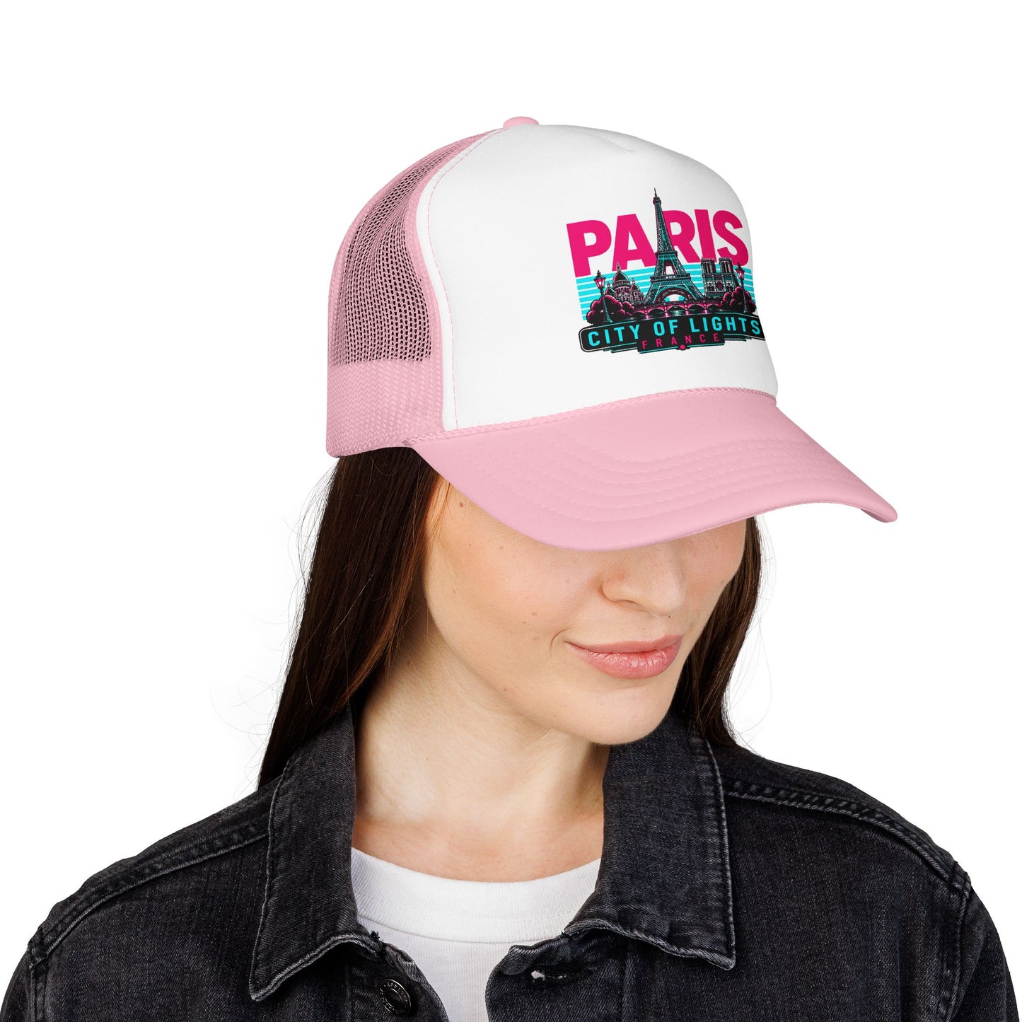 Pink and white mesh trucker hat with “PARIS City of Lights” front graphic patch.