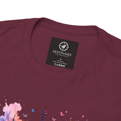 Maroon T-shirt back with small black brand label and partial floral Eiffel watercolor print