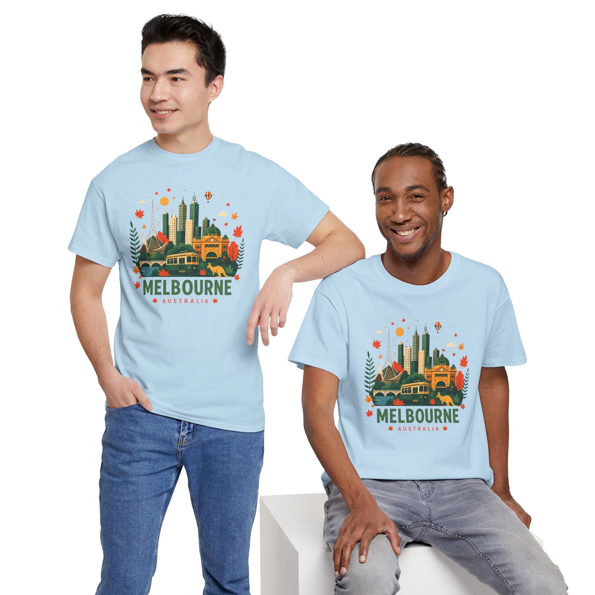 Light blue T-shirt with Melbourne skyline graphic, worn by two models