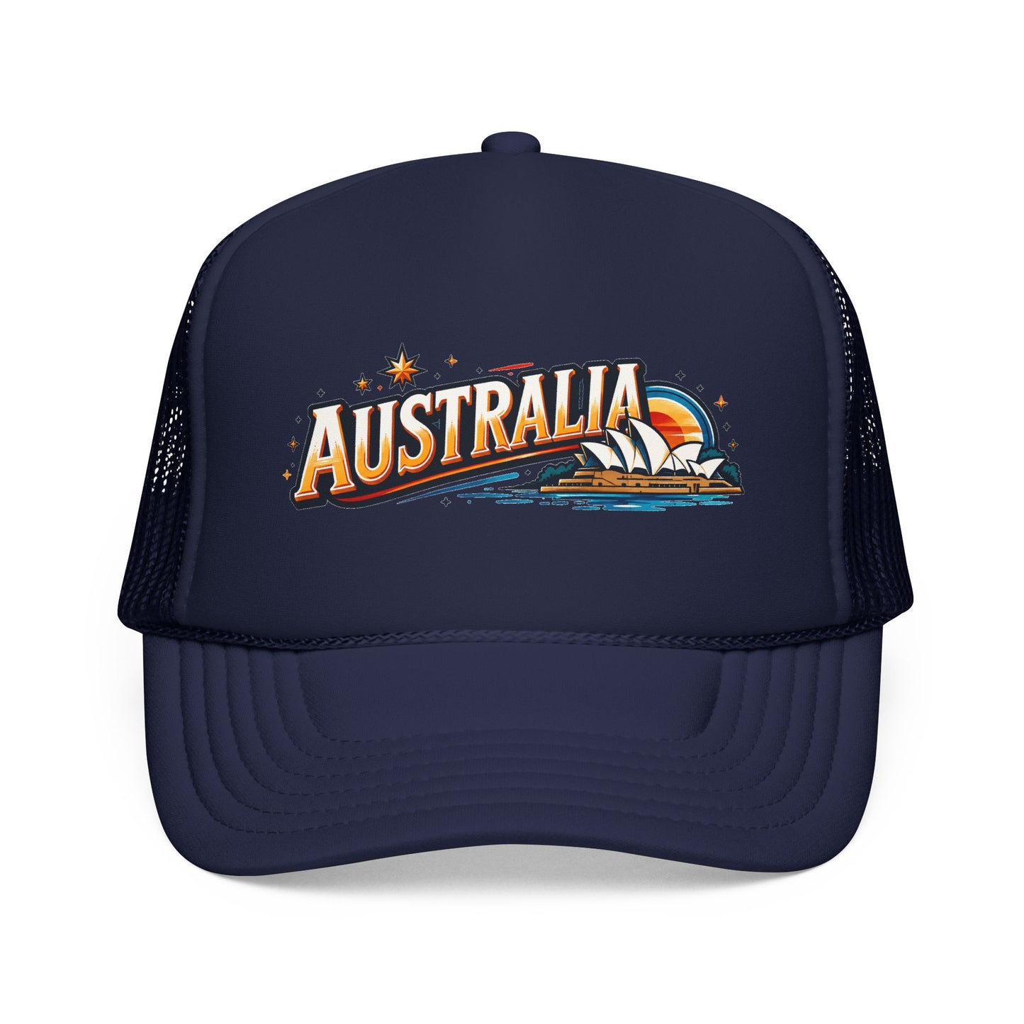 Dark navy trucker cap with Australia front graphic and breathable mesh side panels