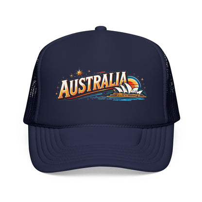 Dark navy trucker cap with Australia front graphic and breathable mesh side panels