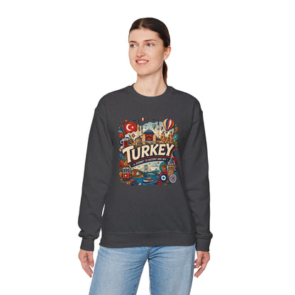 Dark heather crewneck sweatshirt with colorful Turkey graphic and long sleeves