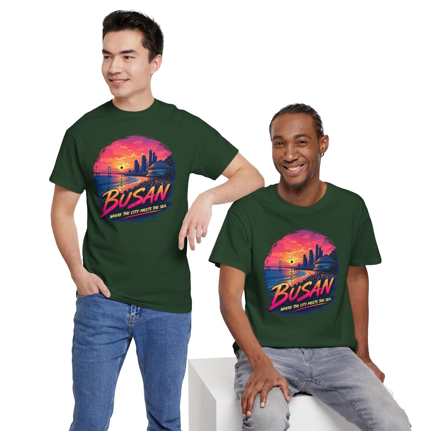 Dark green crew-neck T-shirt with Busan sunset city graphic, styled with jeans.