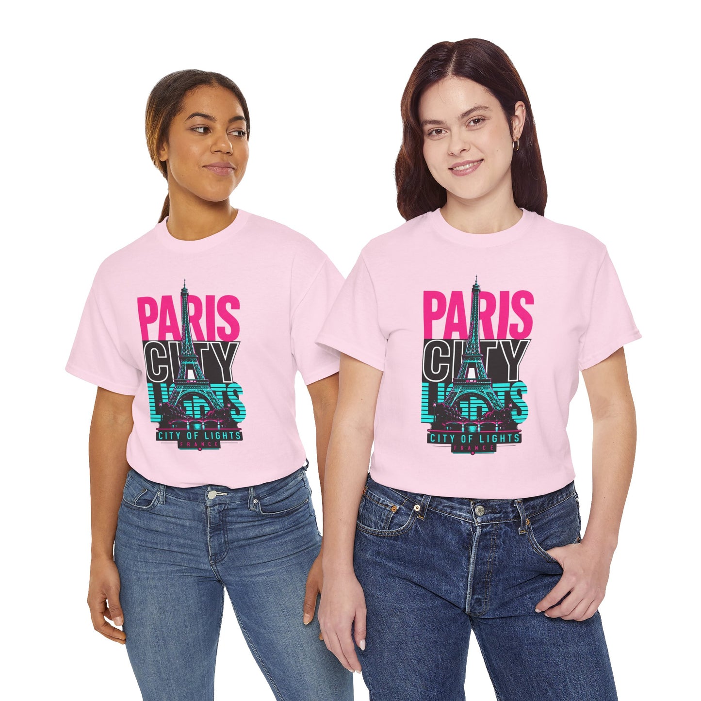 Light pink T-shirt with “PARIS” skyline and Eiffel Tower multicolor chest graphic