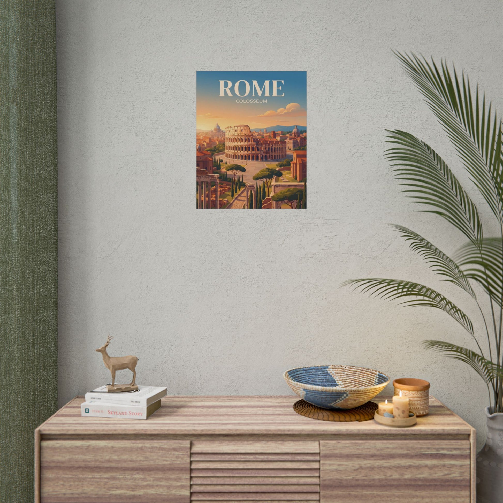 Small Rome Colosseum paper poster featuring cityscape and warm sunset clouds