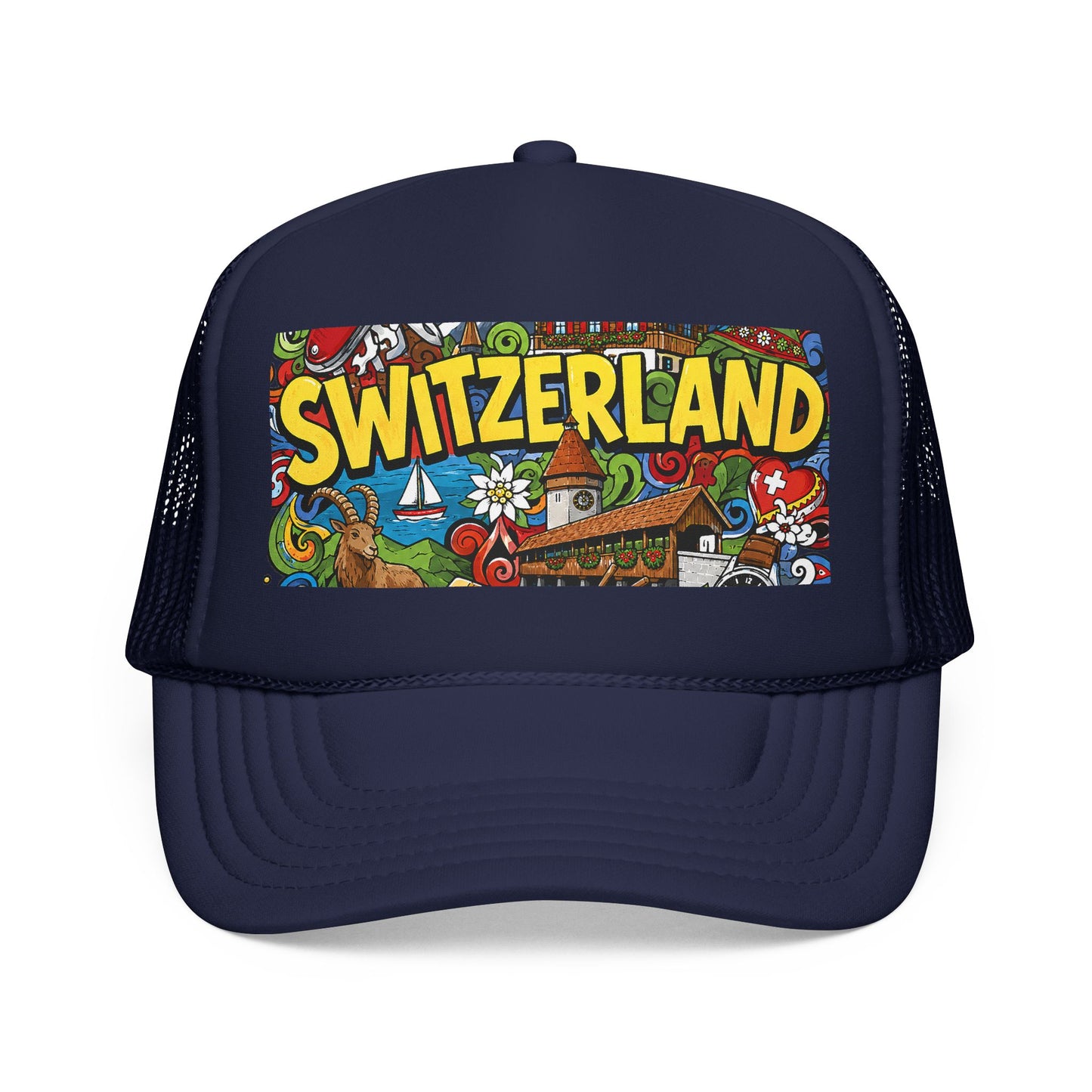 Dark navy trucker hat with colorful Switzerland front graphic and navy mesh sides
