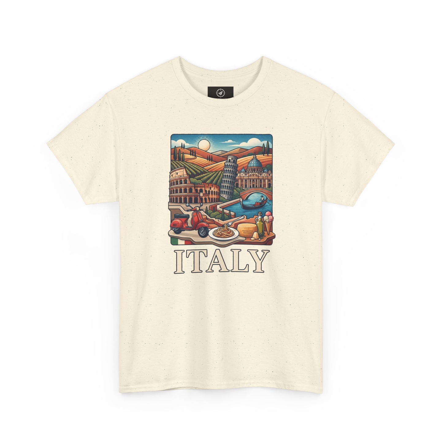 Light cream short-sleeve crewneck graphic T-shirt with Italy scene and “ITALY” text