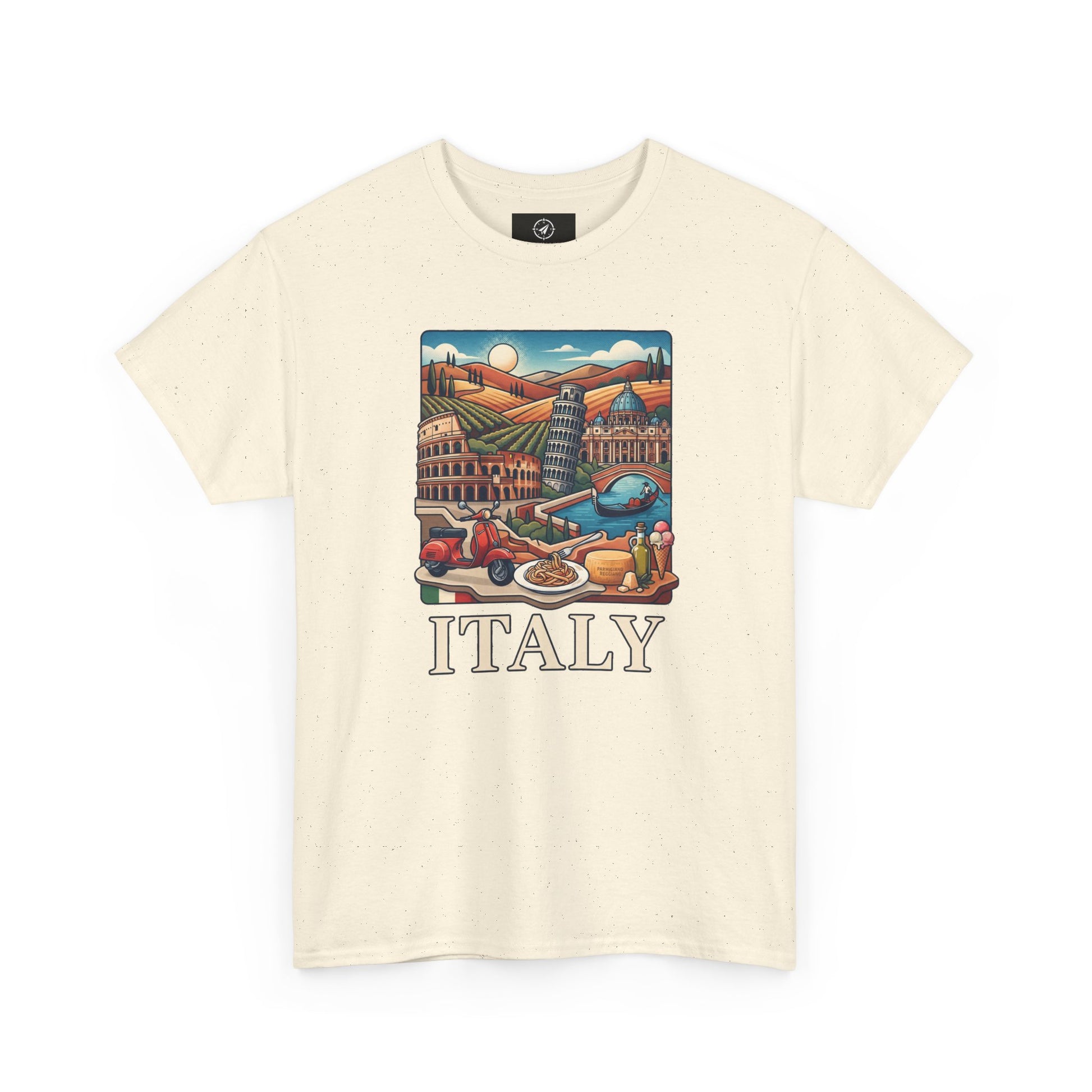Light cream short-sleeve crewneck graphic T-shirt with Italy scene and “ITALY” text