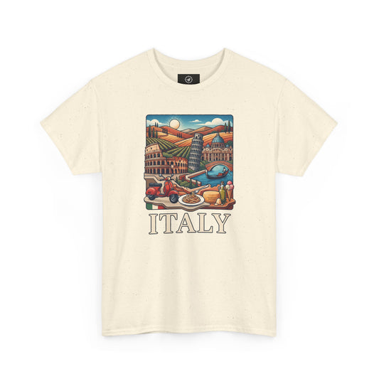 Light cream short-sleeve crewneck graphic T-shirt with Italy scene and “ITALY” text