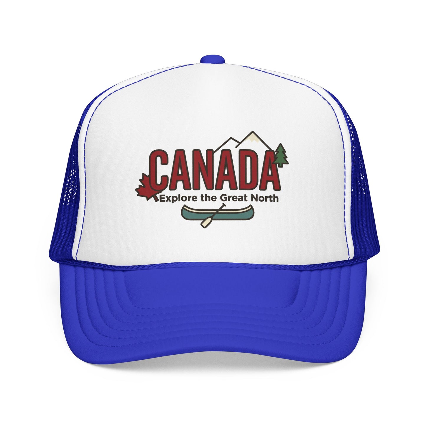 White and blue foam trucker hat with Canada logo patch on the front panel.
