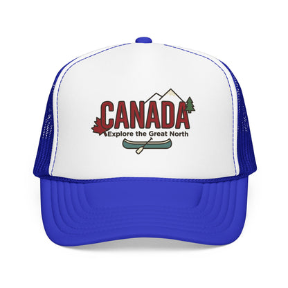 White and blue foam trucker hat with Canada logo patch on the front panel.