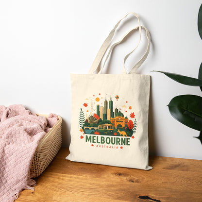 Natural canvas tote bag with Melbourne city illustration and Australia wordmark.