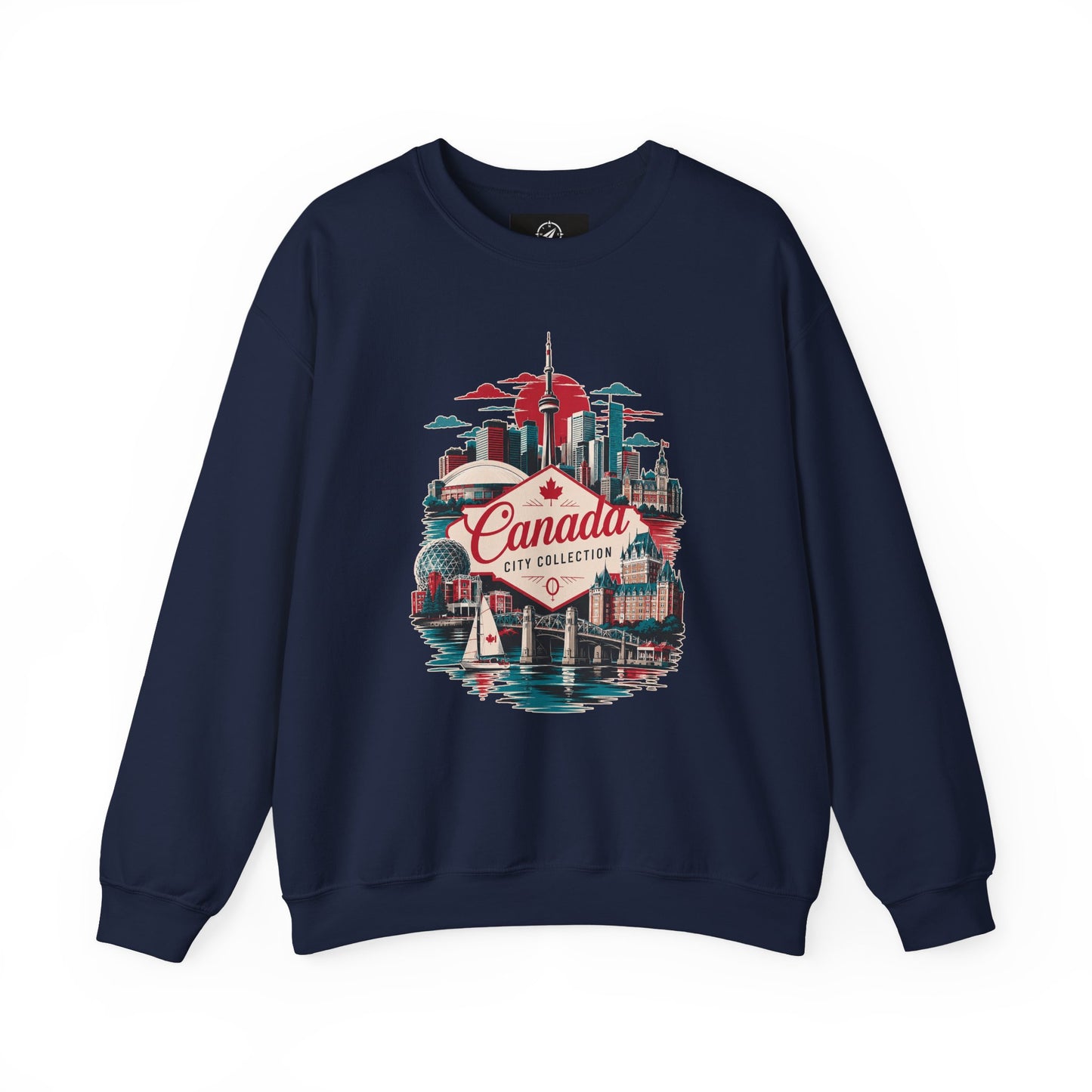 Crewneck sweatshirt in navy with colorful Canada skyline graphic and text on front