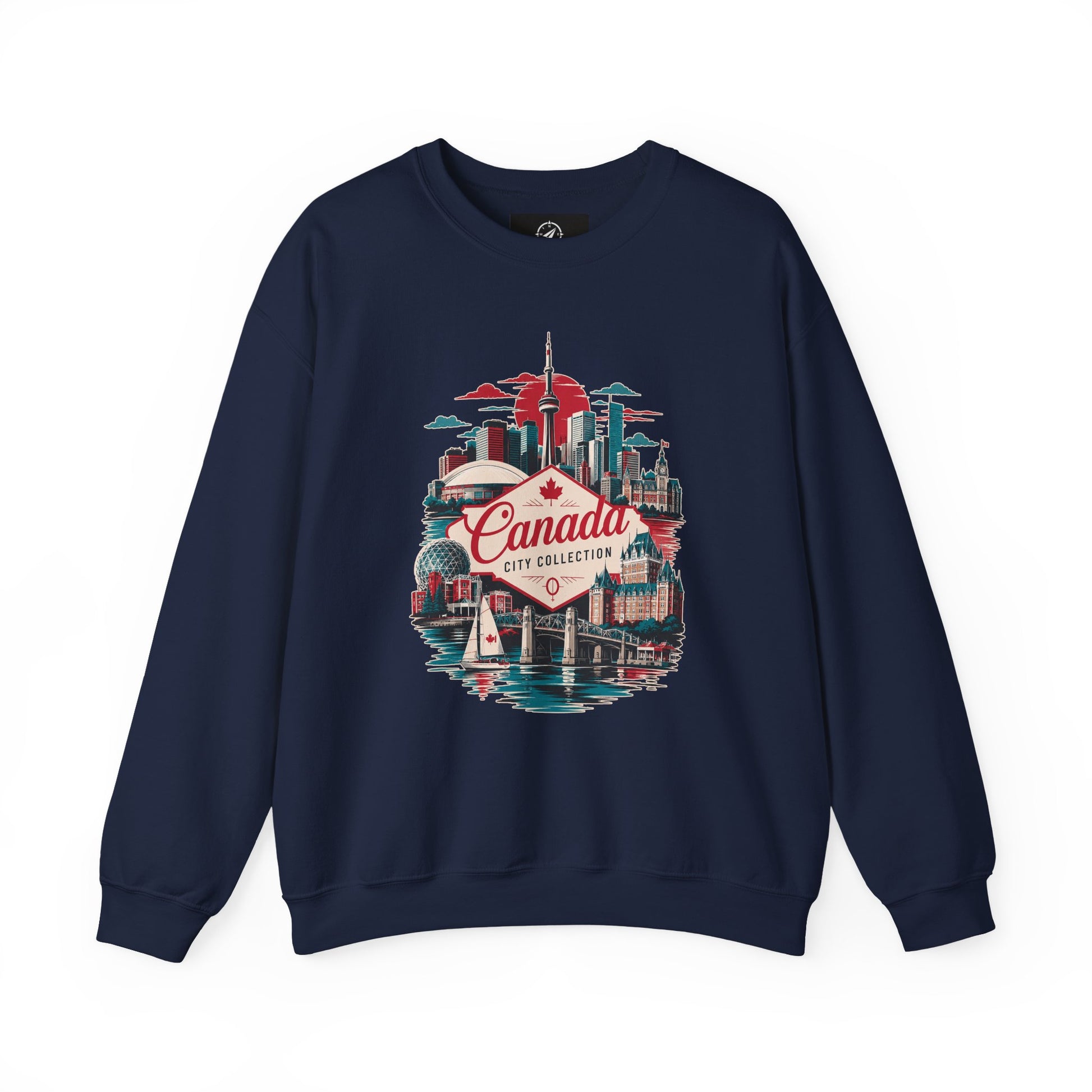 Crewneck sweatshirt in navy with colorful Canada skyline graphic and text on front