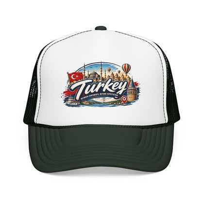 White trucker hat with dark green cap top and black mesh sides, Turkey travel graphic