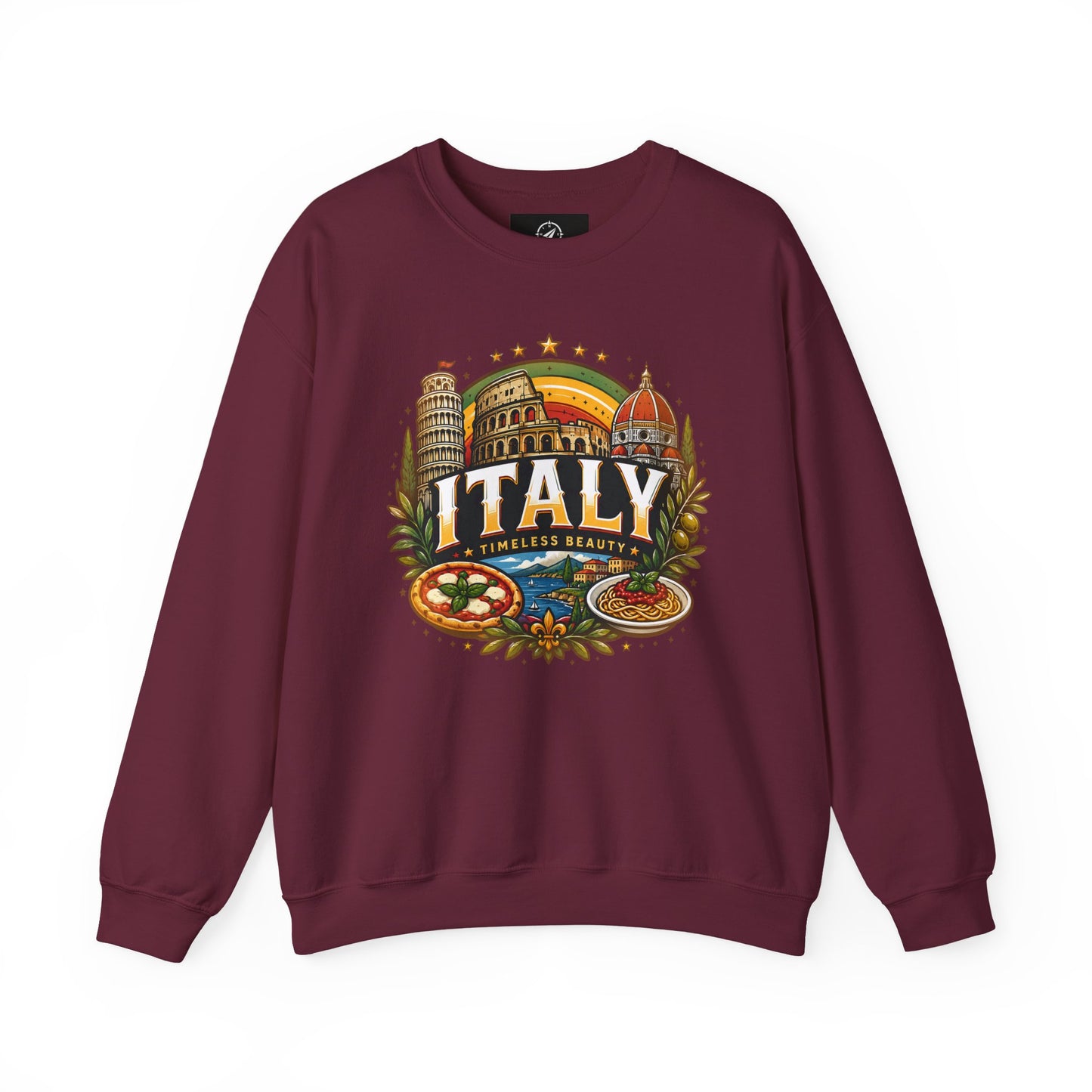 Maroon crewneck sweatshirt with colorful “Italy” graphic on the front