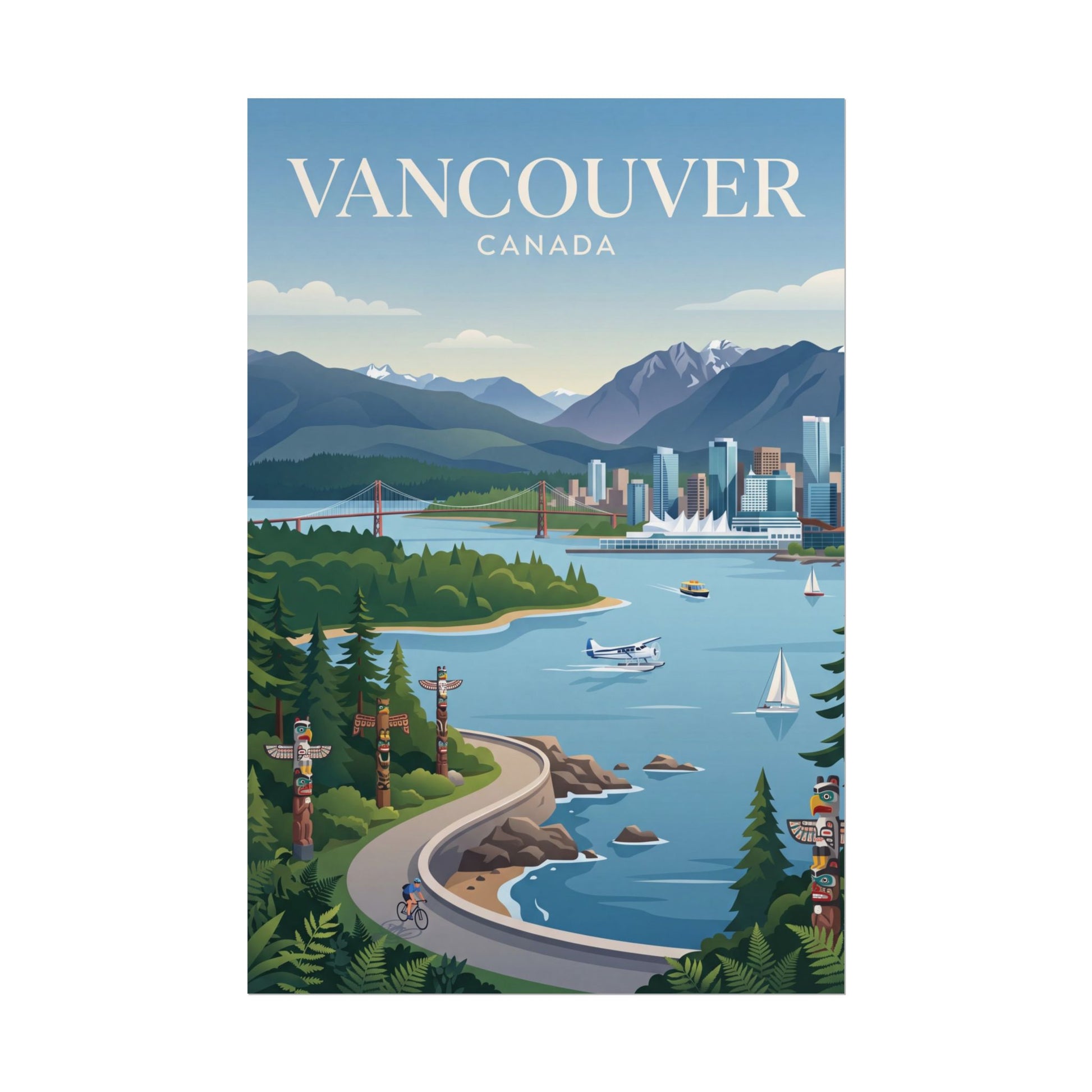 Vertical Vancouver Canada poster print, blue sky over harbor with mountains and skyline.