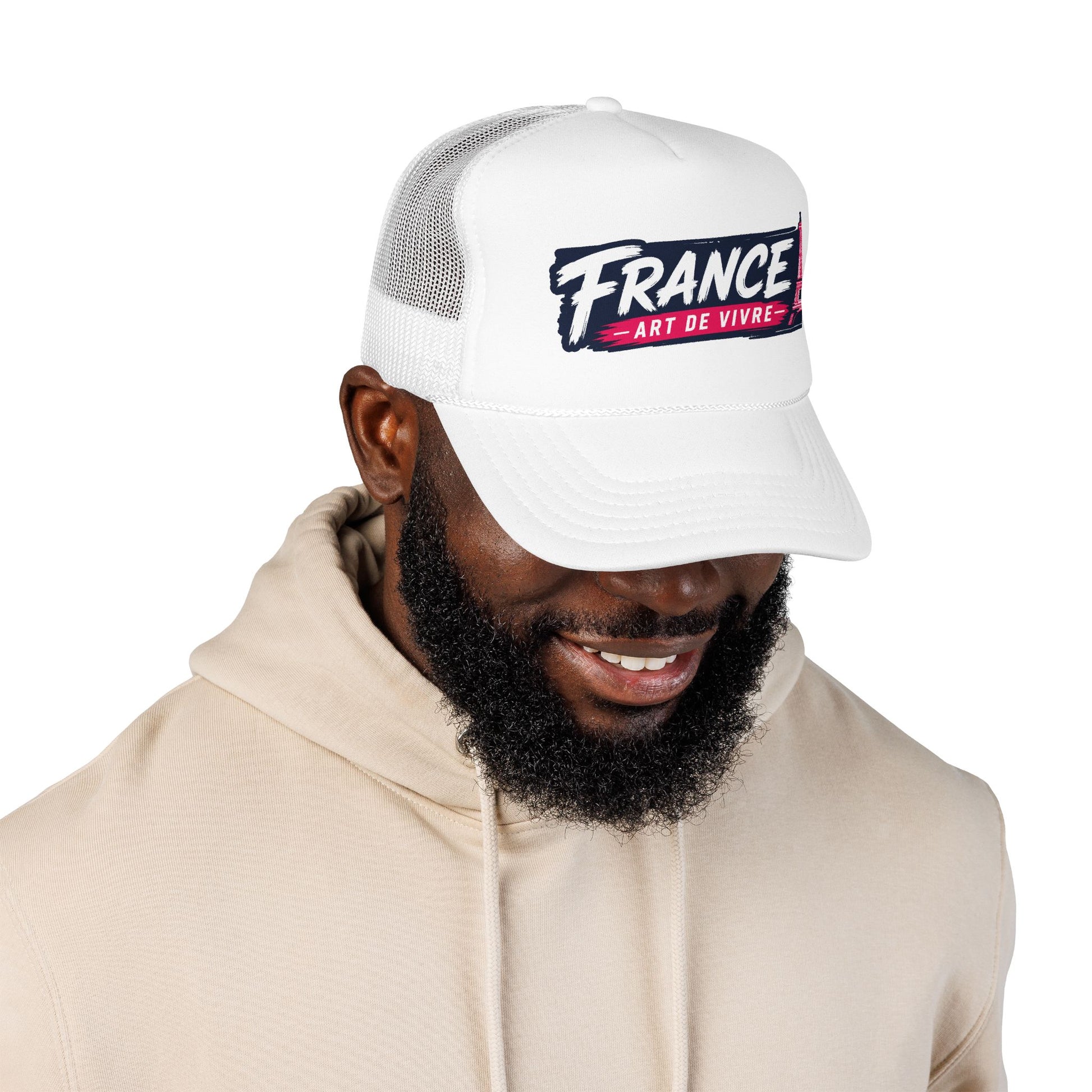 White mesh trucker cap with curved brim and “FRANCE” graphic on front