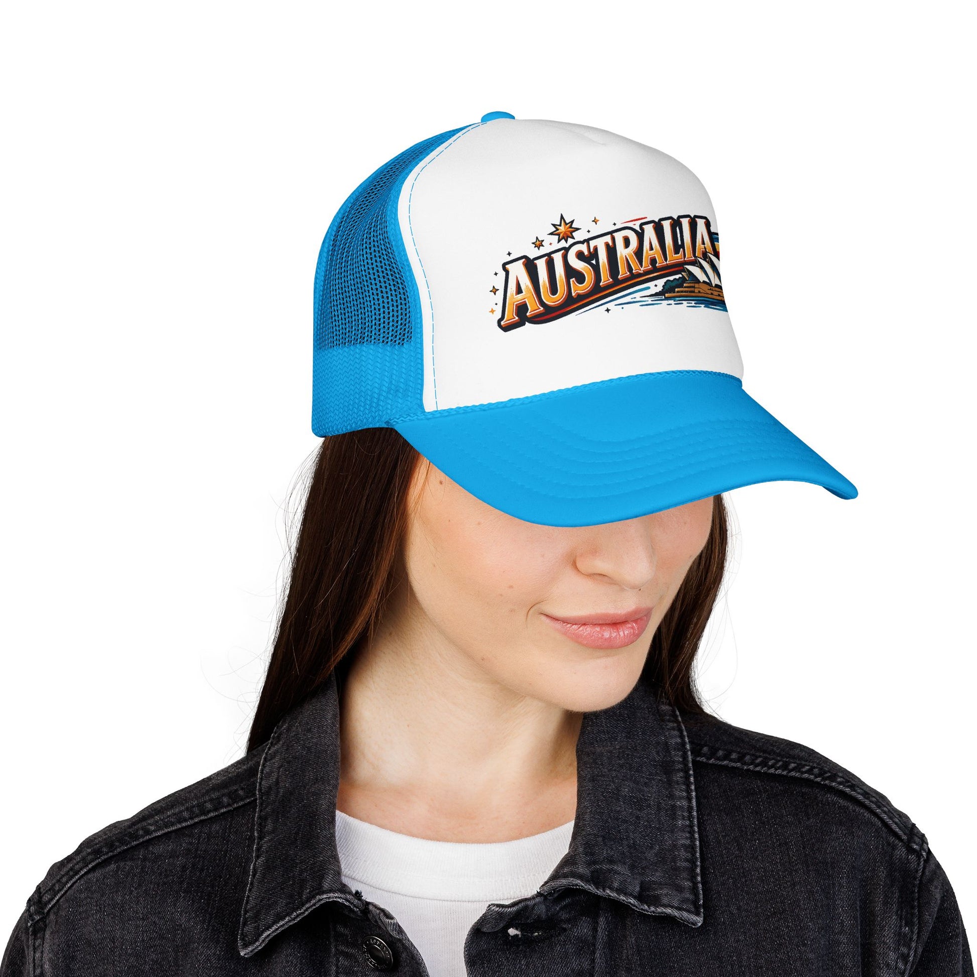 Australia logo trucker cap with white front, light blue mesh, light blue curved brim
