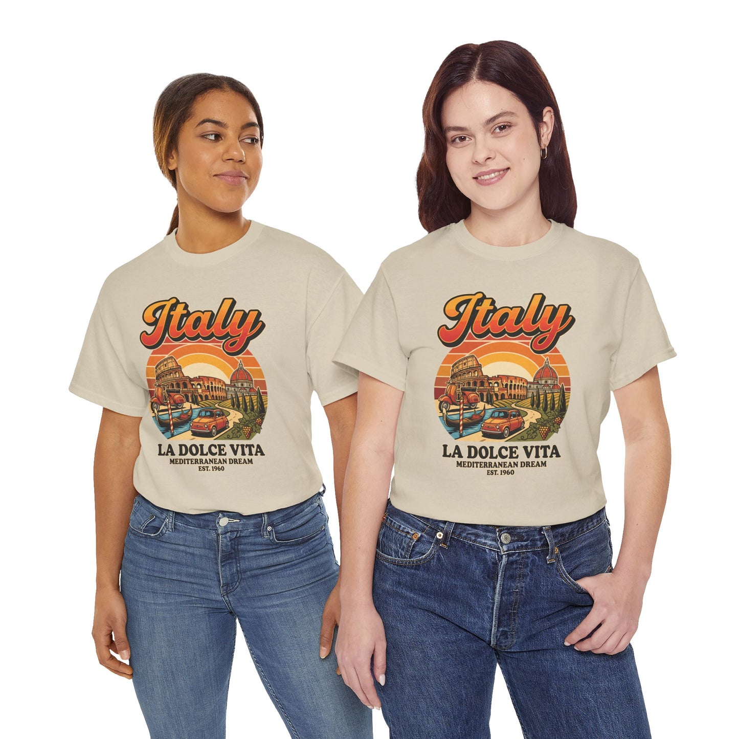 Cream T-shirt with front Italy and La Dolce Vita graphic, crew neck, short sleeves