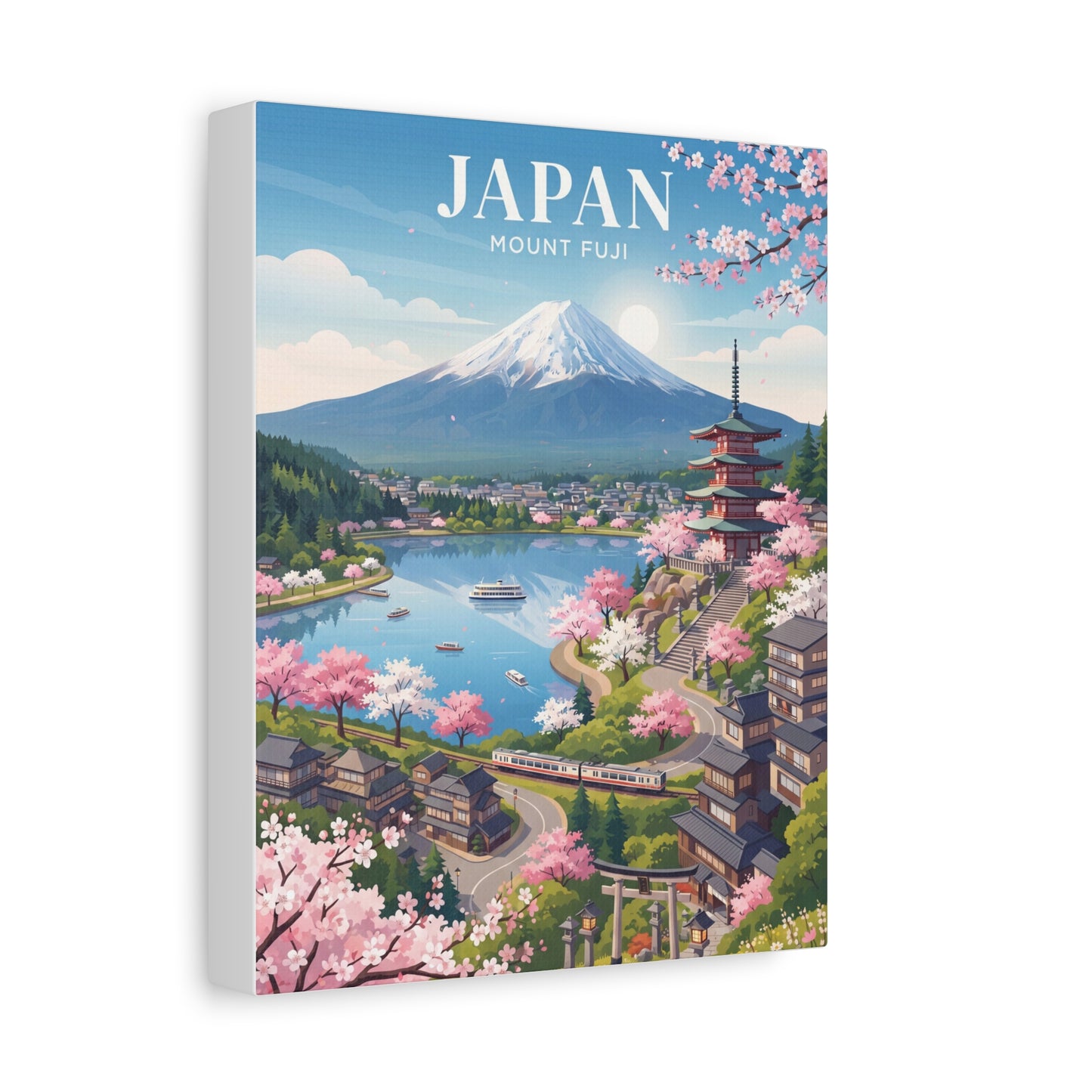 Mount Fuji cherry blossom scenic stretched canvas wall art, wide landscape with train