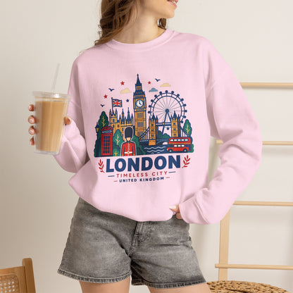Light pink crewneck sweatshirt with London skyline graphic, person wearing