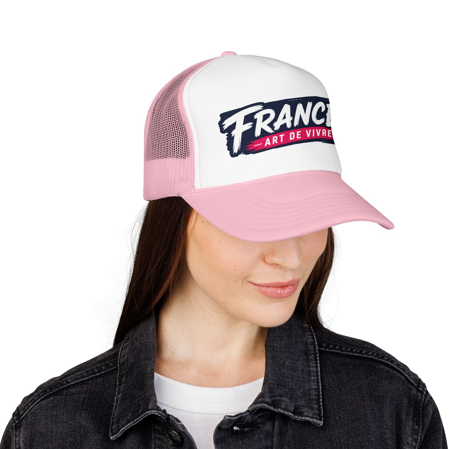 Pink and white trucker hat with mesh back, curved brim, 'FRANCE Art de Vivre' front patch