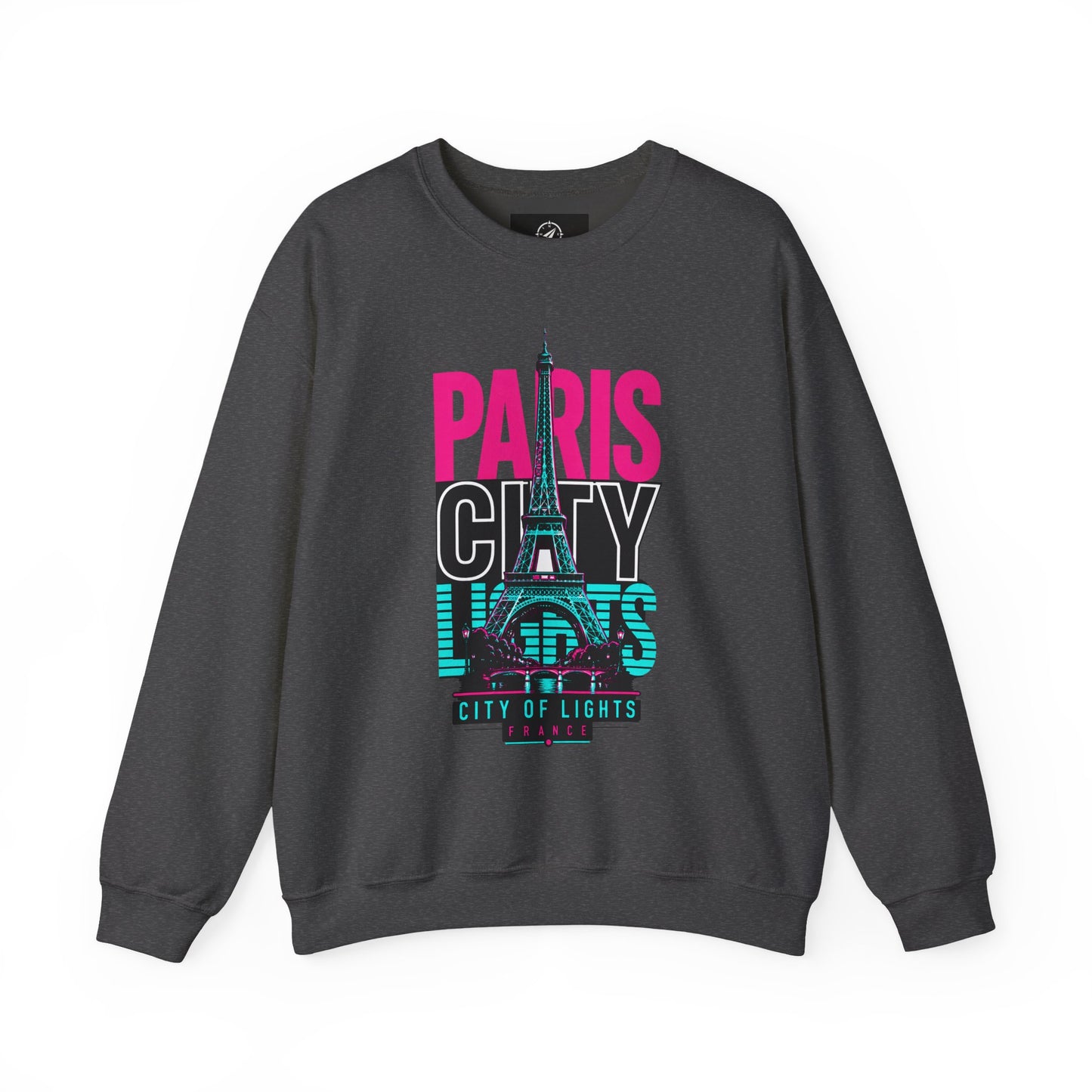 Dark gray crewneck sweatshirt with PARIS CITY Eiffel Tower lights graphic in pink, teal, and white.
