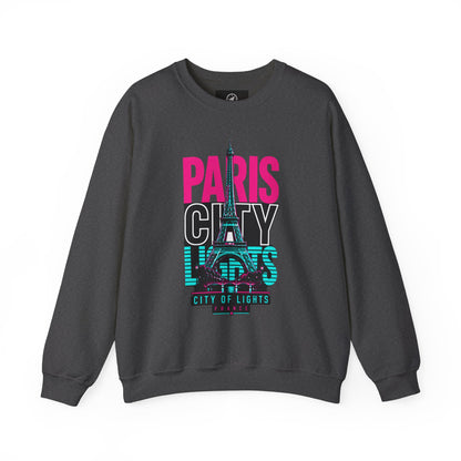 Dark gray crewneck sweatshirt with PARIS CITY Eiffel Tower lights graphic in pink, teal, and white.